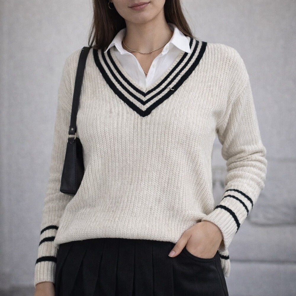 NWT Arizona Jean Co Preppy V-Neck Varsity Sweater Small